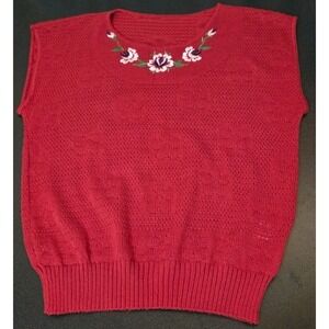 Vintage Red‎ Sweater Floral Embroidered Sleeveless 80s Retro Pullover Top M USA